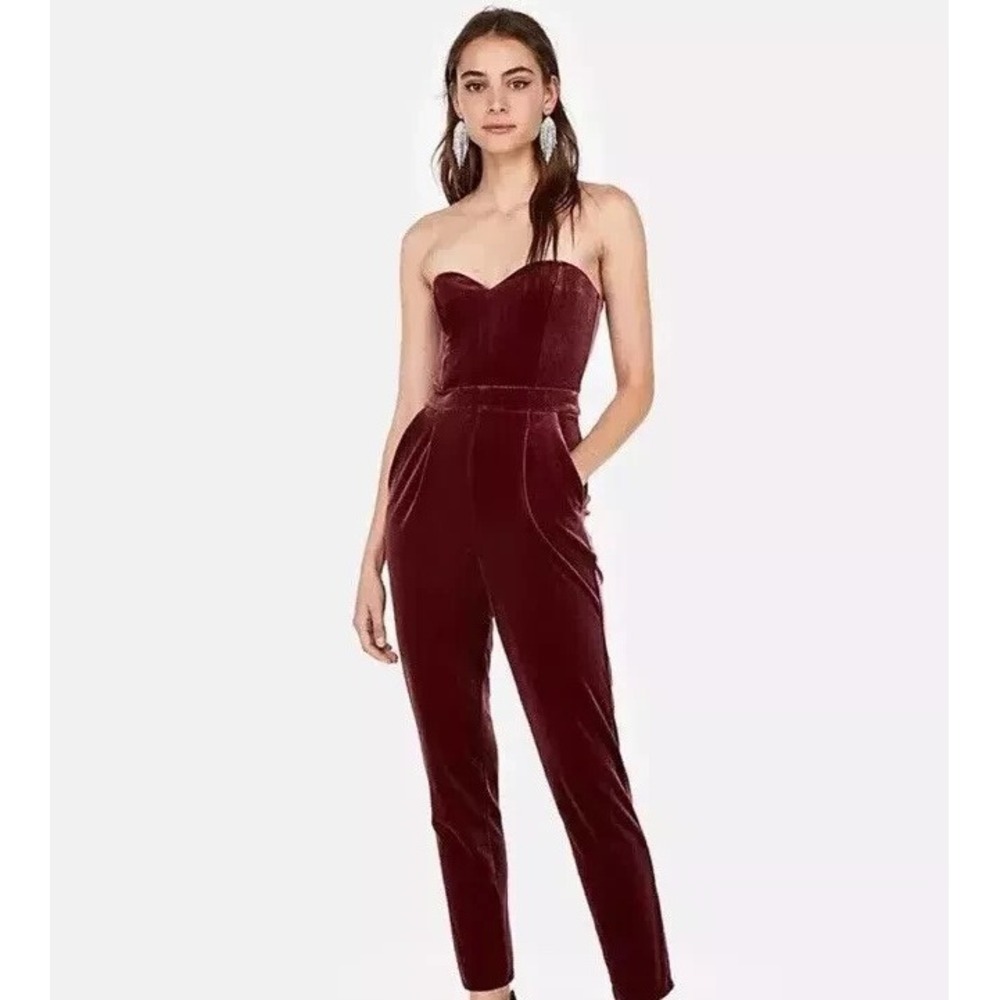 EXPRESS Velvet Strapless Bustier Jumpsuit Evening Wear Burgundy Muted Pockets 12